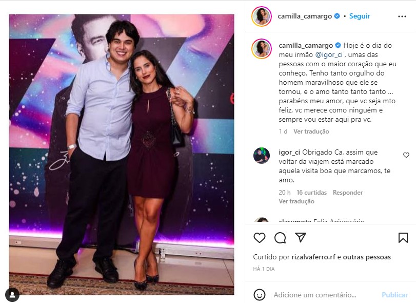 Camilla Camargo usou as redes sociais para se declarar o irmão Igor Camargo (Foto: Reprodução)