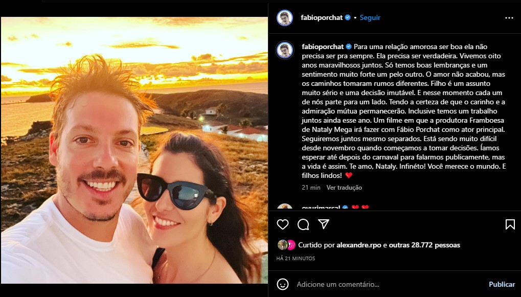 Fábio Porchat divulga textão após fim do casamento com Nataly Mega - Foto: Reprodução