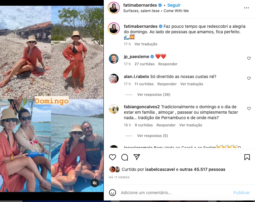Nas redes sociais, Fátima Bernardes compartilhou várias imagens na praia durante passeio e admitiu o quão importante é passar um tempo com a família (Foto: Reprodução / Instagram) Nas redes sociais, Fátima Bernardes compartilhou várias imagens na praia durante passeio e admitiu o quão importante é passar um tempo com a família (Foto: Reprodução / Instagram)