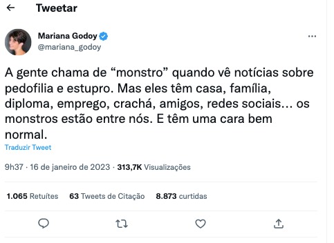 Fora dos estúdios da record, Mariana Godoy fala sobre casos de estupro, notícias com as quais lida todos os dias e faz reflexão sobre monstros estarem no meio de nós diariamente (Foto: reprodução / twitter) 