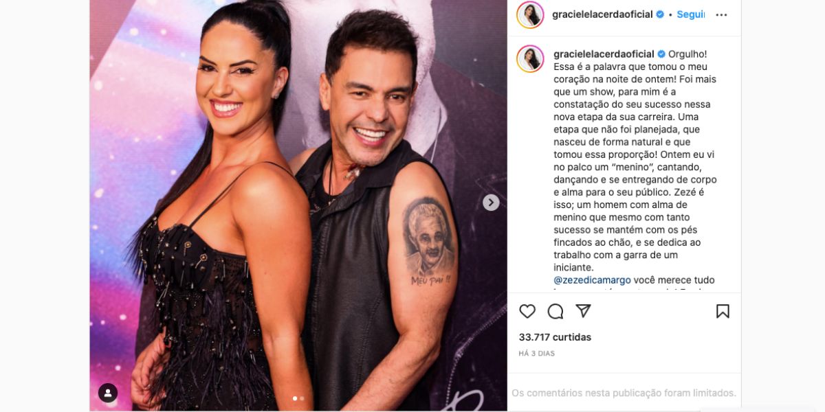 Nas redes sociais, Graciele Lacerda faz declaração emocionante sobre nascimento de carreira solo de Zezé Di Camargo (Foto: Reprodução / Instagram) Nas redes sociais, Graciele Lacerda faz declaração emocionante sobre nascimento de carreira solo de Zezé Di Camargo (Foto: Reprodução / Instagram)