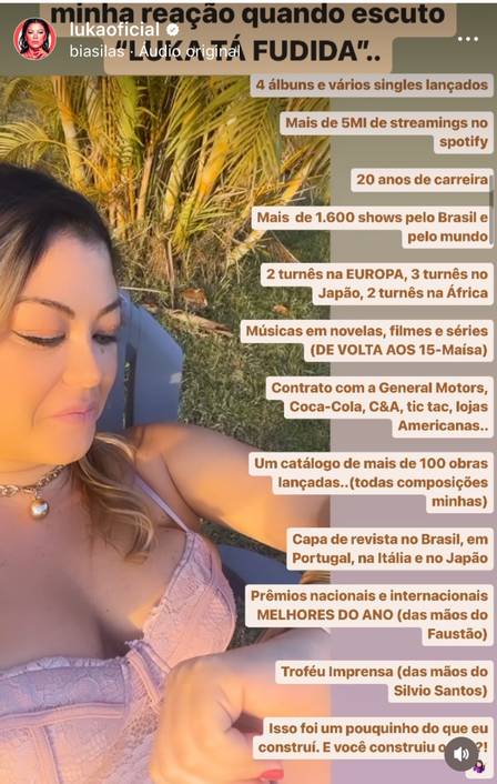 Dona do hit "Tô Nem Aí', Luka faz desabafo doloroso sobre sobre estar vivendo na falência, confessa que está bem e que teve uma carreira de sucesso (Foto: Reprodução / Instagram)