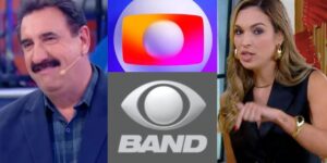 Ratinho, logos emissora e Talitha Morete (Fotos: SBT / Globo e Band)