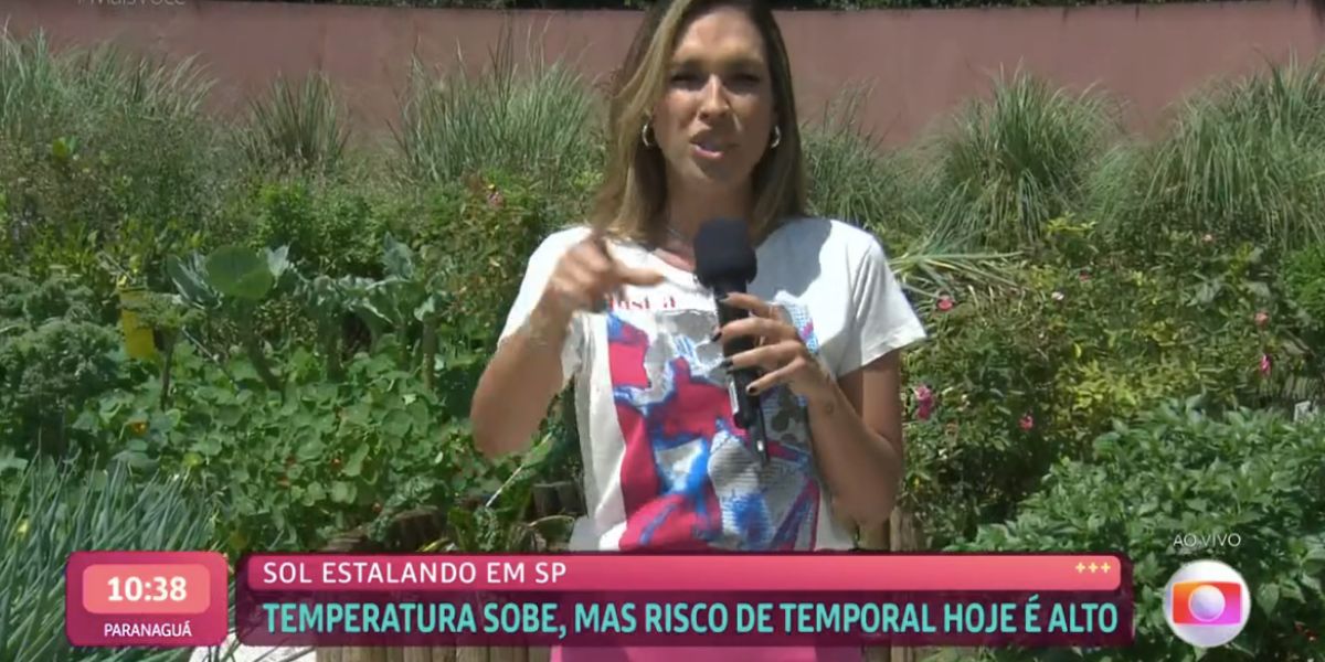 Durante o "Mais Você", Thalita Morete apareceu fora dos estúdios do "Mais Você", falou sobre o sufoco que passou no fim de semana com avião, que ficou sobrevoando os céus por conta do mal tempo em São Paulo (Foto: reprodução / Globo)