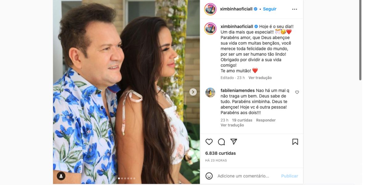 Ximbinha surge ao lado de esposa, Karen, apontada como pivô da separação de Joelma, e faz declaração de amor devido ao aniversário dela (Foto: Reprodução / Instagram)