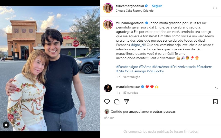 Zilu usou as redes sociais para comemorar os 27 anos do filho (Foto: Reprodução)