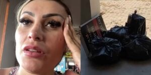 Andressa Urach entrega vídeo e mostra que ex jogou suas coisas pela janela em um saco de lixo - Foto Reprodução Montagem