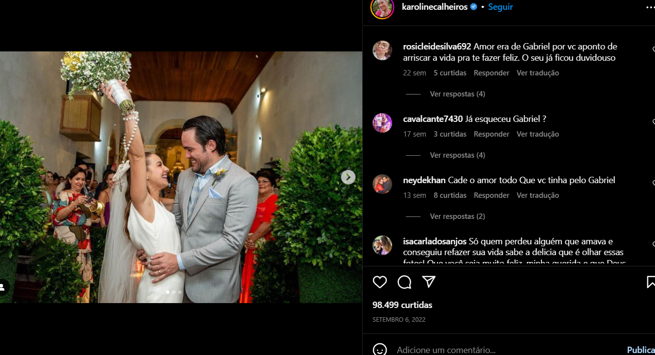 Postagem de Karoline sobre o seu casamento, apesar das criticas nos comentários ela pareceu super feliz (Foto Reprodução/Instagram)