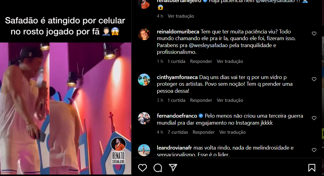 Público se revolta nas redes sociais com a imagem de Wesley Safadão sendo atingido por celular em show no carnaval (Foto Reprodução/Instagram)