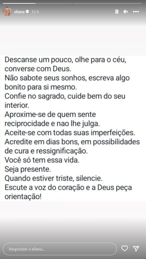 Mensagem postada por  Eliana (Foto: Reprodução, Instagram) 