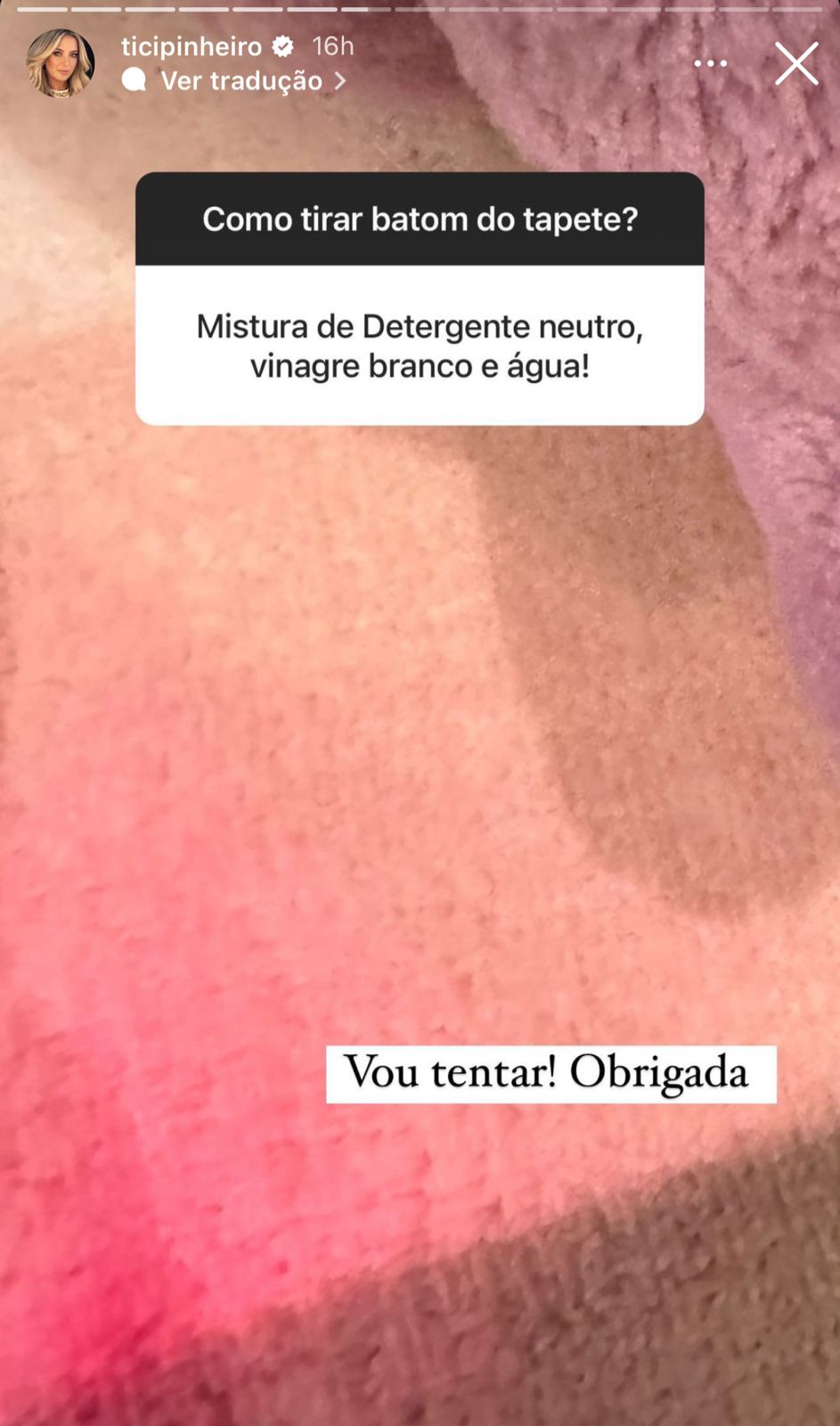 Fãs dão dicas a Ticiane Pinheiro de como retirar mancha do tapete - Foto Reprodução instagram 2
