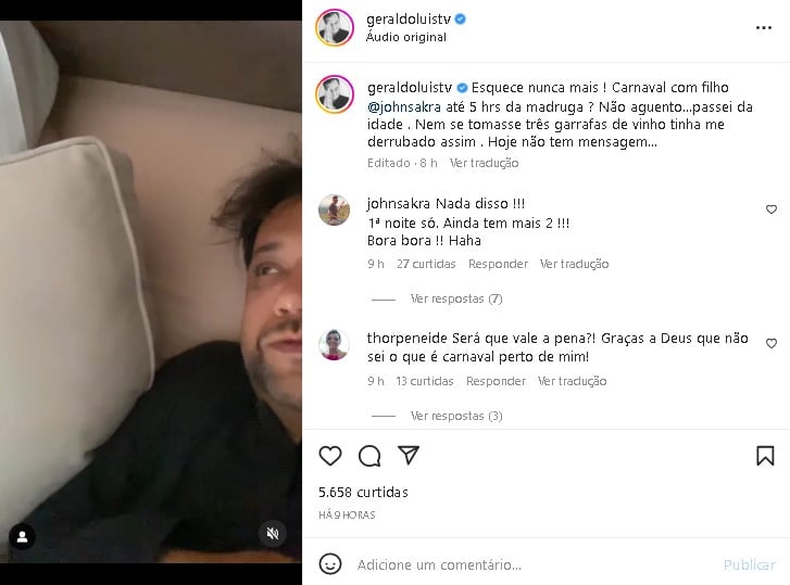 Geraldo Luís fez desabafo sobre noitada com o filho e relatou cansaço (Foto: Reprodução/ Instagram)