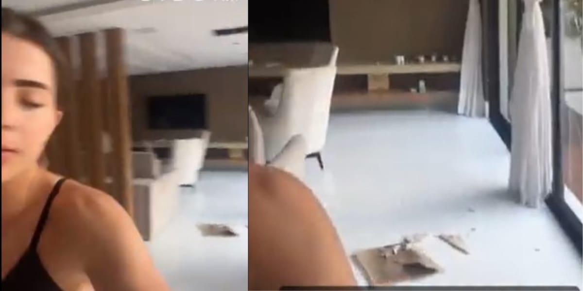 Jade Picon mostrou brevemente os escombros que caíram do teto da sala (Reprodução: Twitter)