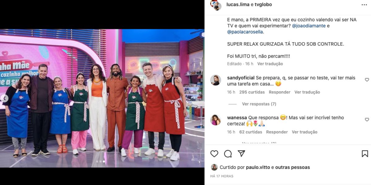 Lucas Lima anuncia que estará no reality Minha Mãe Cozinha Melhor Que a Sua da Globo e Sandy diz que ele terá nova função em casa, caso ganhe (Foto: Reprodução / Globo)