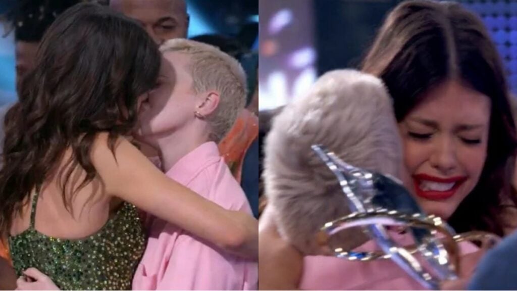 Vitória Strada deu beijão na noiva, Marcella Rica, ao vivo na Globo - Foto Reprodução TV Globo