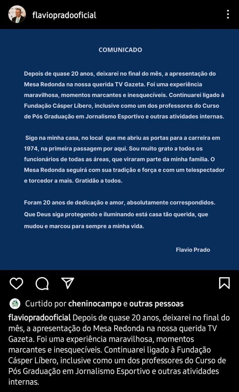 Publicação de Flávio Prado, da TV Gazeta (Foto: Reprodução/ Instagram)
