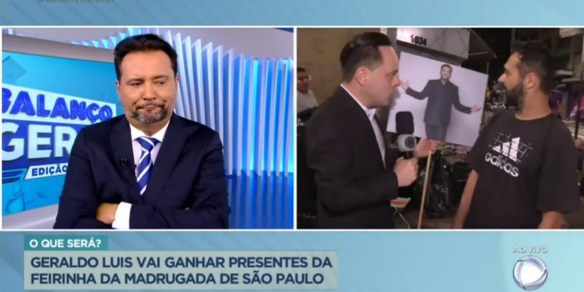 Repórter ofereceu presente para Geraldo Luís no "Balanço Geral" (Foto: Reprodução/Record)