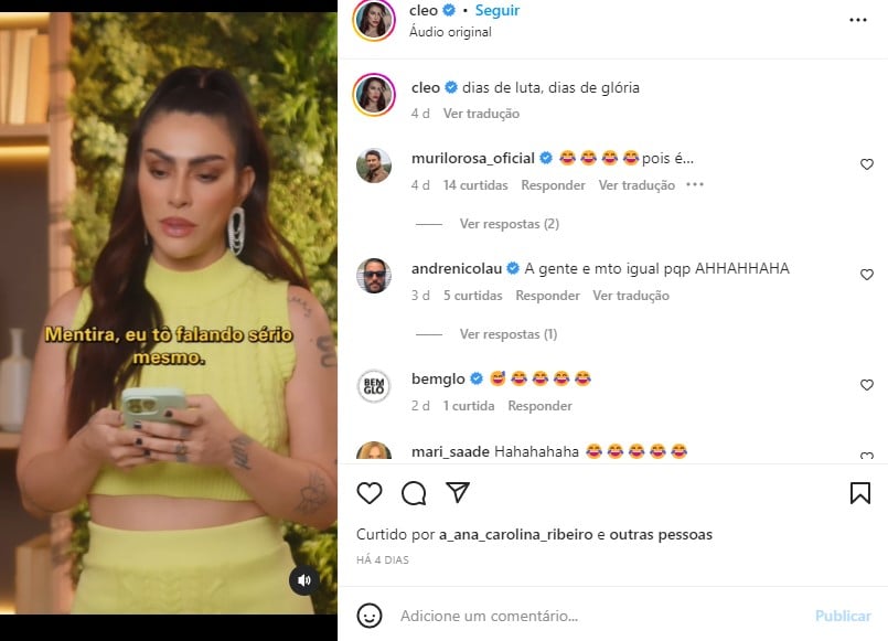 Cleo faz brincadeira com dublagem e diz que ficou feliz quando saiu (Foto: Reprodução)