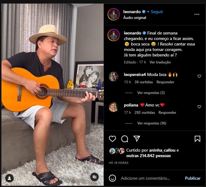 Leonardo divulga vídeo cantando e manda recado - Foto: Reprodução/Instagram