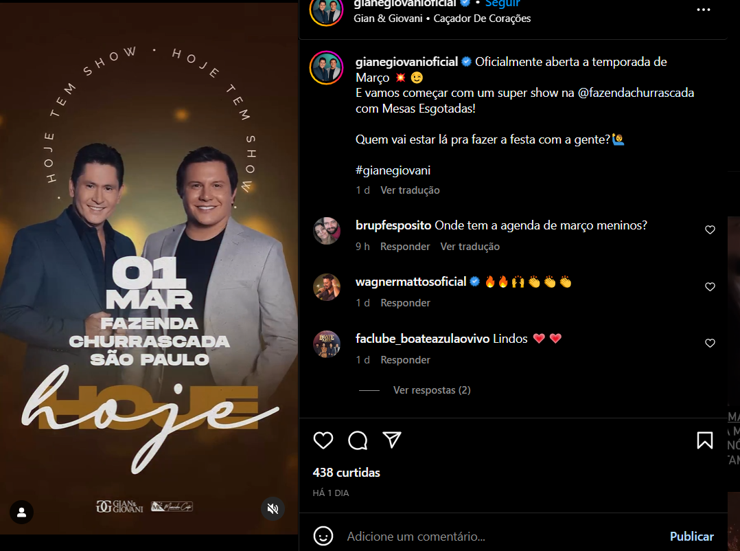 Publicação recente de Gian e Giovanni pelo Instagram divulgando o último show (Foto Reprodução/Instagram)