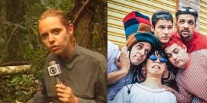 Eleonora Paschoal cobrindo o acidente do Mamonas Assassinas e foto do grupo - Foto Reprodução