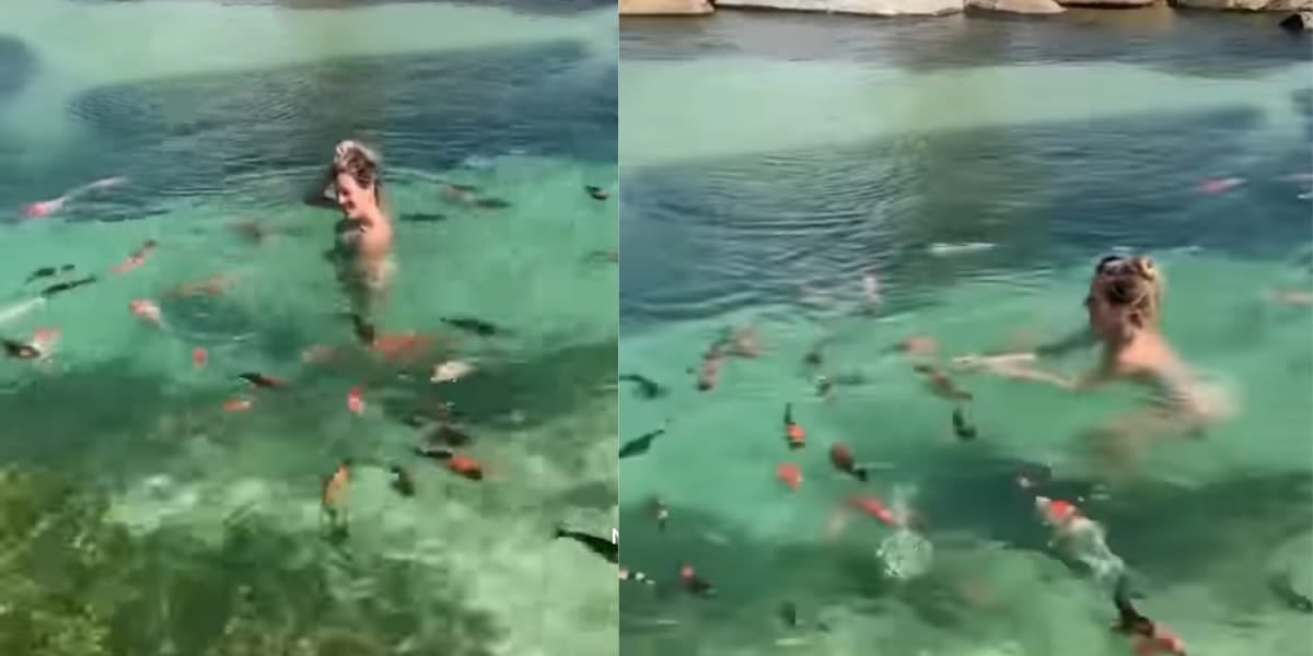 Gio Ewbank aproveitando o lago cheio de peixes (Reprodução: Youtube)