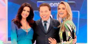 Patrícia Salvado, Silvio Santos e Lígia Mendes no programa do Silvio Santos - Foto Reprodução SBT