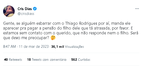 Cris Dias deixou recado para Thiago Rodrigues (Foto: Reprodução/ Twitter)