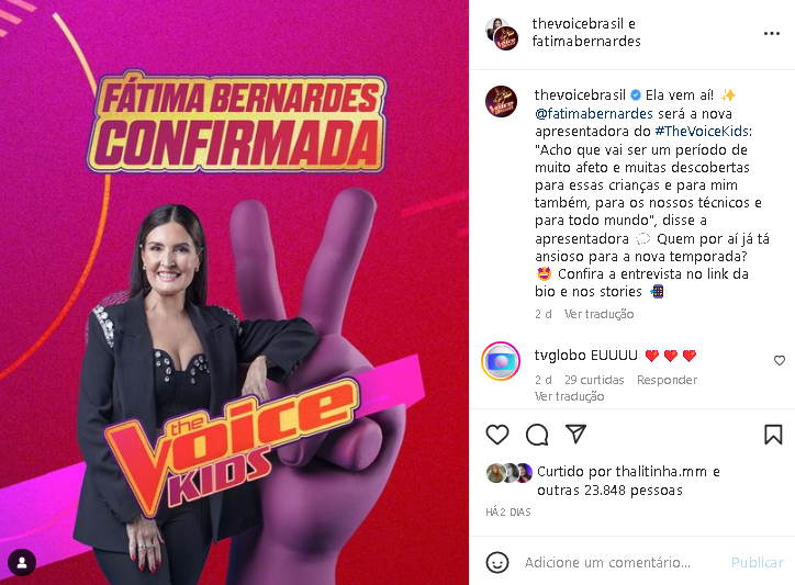 Fátima Bernardes foi anunciada como nova apresentadora do The Voice Kids (Foto: Reprodução)