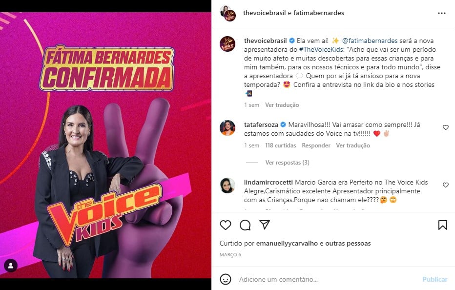 Fátima Bernardes usou as redes sociais para expor sua ida para o The Voice Kids (Foto: Reprodução)