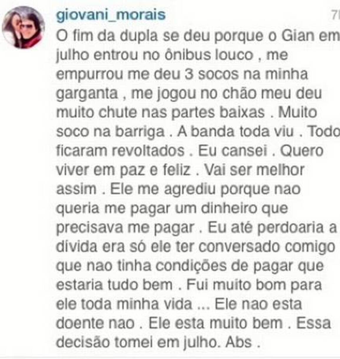Desabafo feito na época por Giovani pelas redes sociais (Foto Reprodução/Internet)