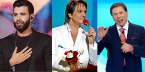 Gusttavo Lima, Roberto Carlos e Silvio Santos em seus locais de trabalho (Reprodução: Montagem TV Foco)