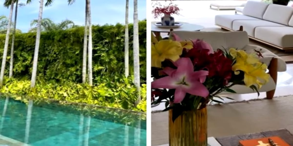 Piscina absurda de Marina Ruy Barbosa e decoração de flores (Reprodução: Youtube)