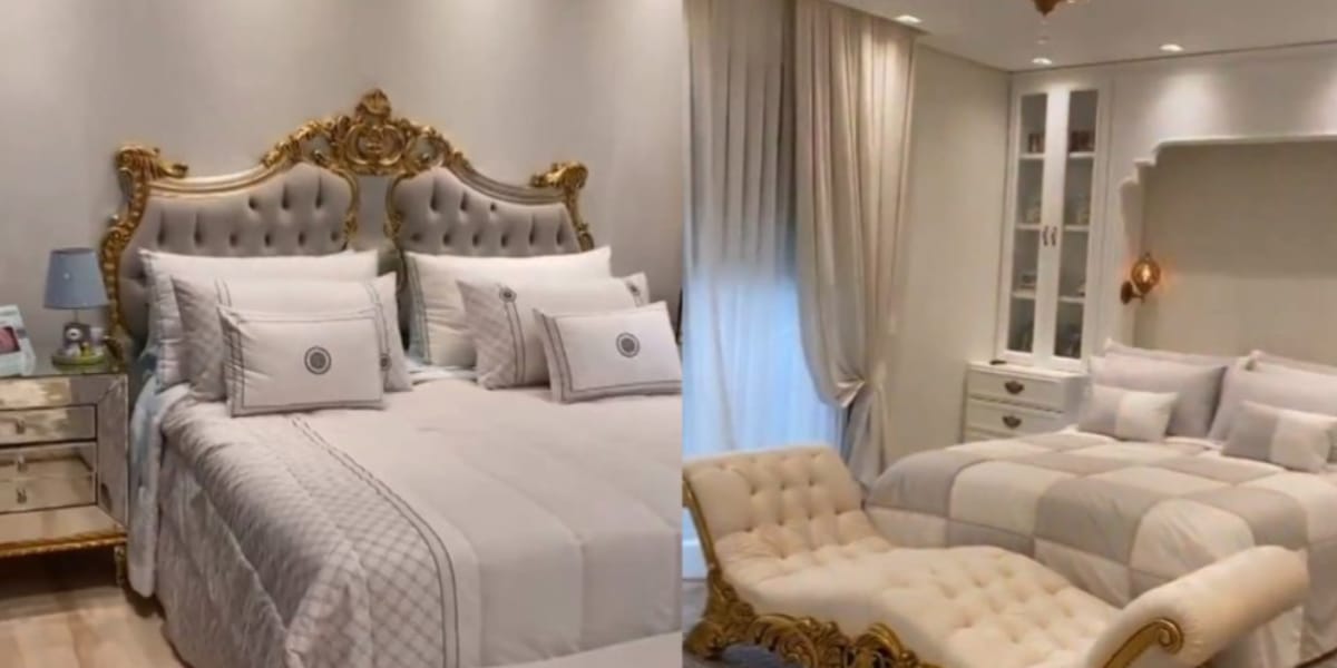 Cama luxuosa e uma das suítes do casal (reprodução: Youtube)