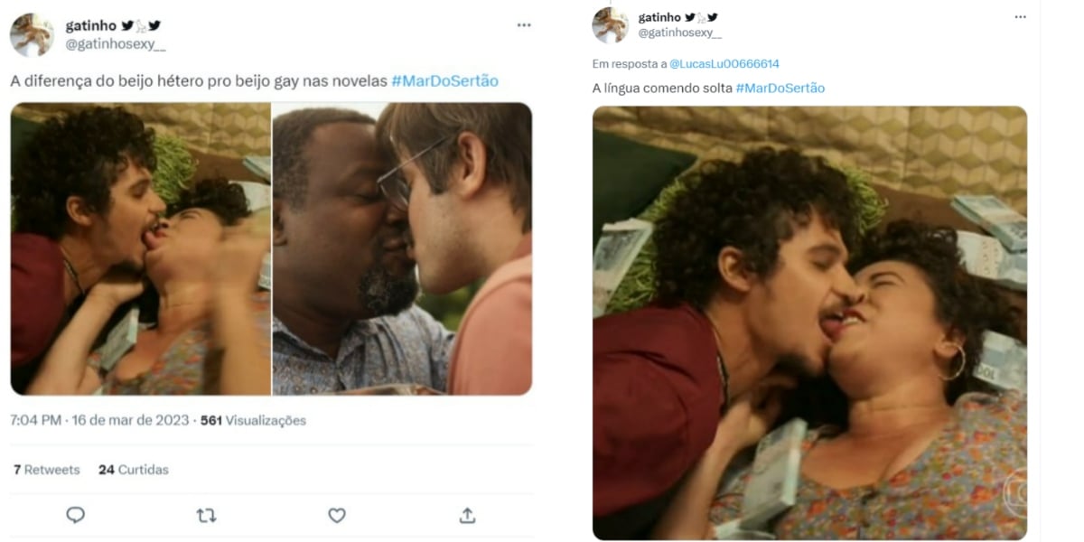 Reação do público sobre beijo em "Mar do Sertão" (Foto: Reprodução/Twitter)