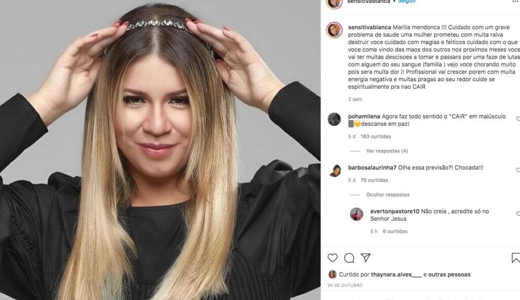 Sensitiva Bianca Godói  proveu morte da cantora Marilia Mendonça (Foto: reprodução, Instagram)