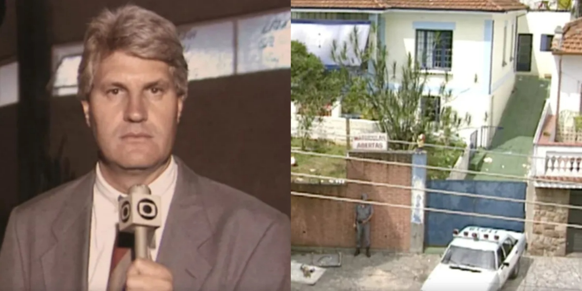 Valmiro Salaro em delegacia, durante denúncia sobre a Escola Base (Foto: Reprodução/TV Globo)