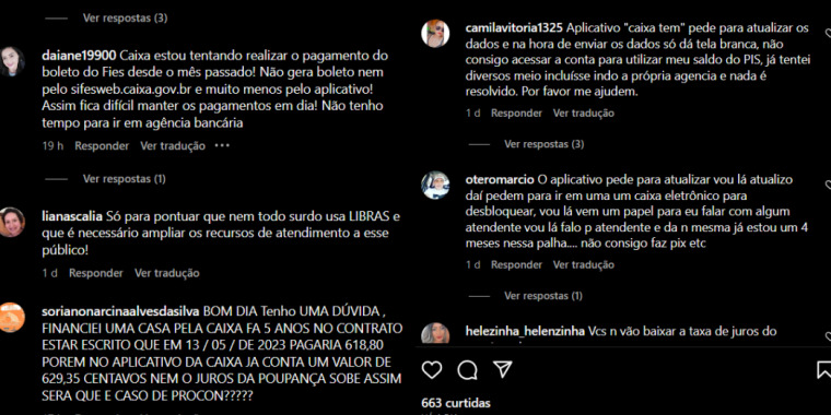 As queixas dos clientes por meio de comentários na postagem da Caixa (Foto Reprodução/Instagram)