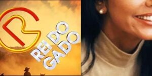 A atriz Leila Lopez e a logo da novela O Rei do gado, da Globo - Foto Reprodução Internet