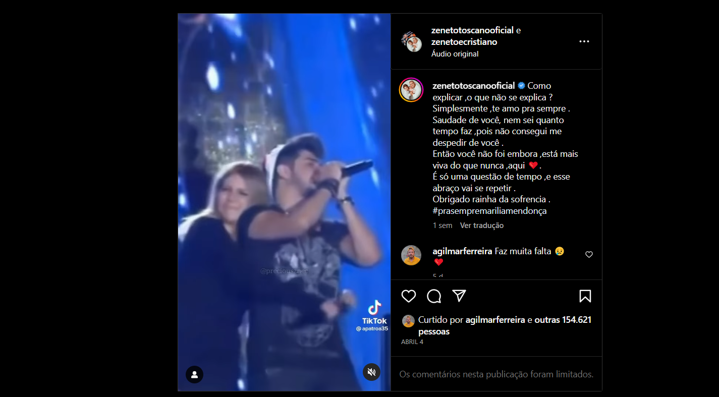 Homenagem de Zé Neto para Marília Menconça, nossa eterna rainha da sofrência (Foto Reprodução/Instagram)