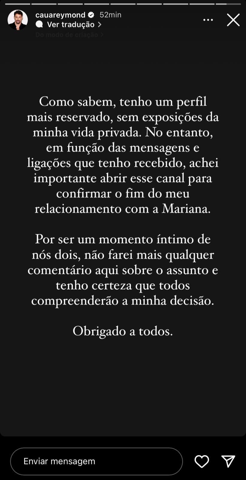Cauã Reymond se pronuncia sobre o fim do casamento - Foto Reprodução Instagram
