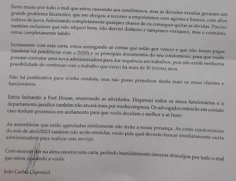 Foto de carta aos condomínios falando sobre encerramento de atividades, enviada por diretor de empresa - Foto Reprodução Metrópoles