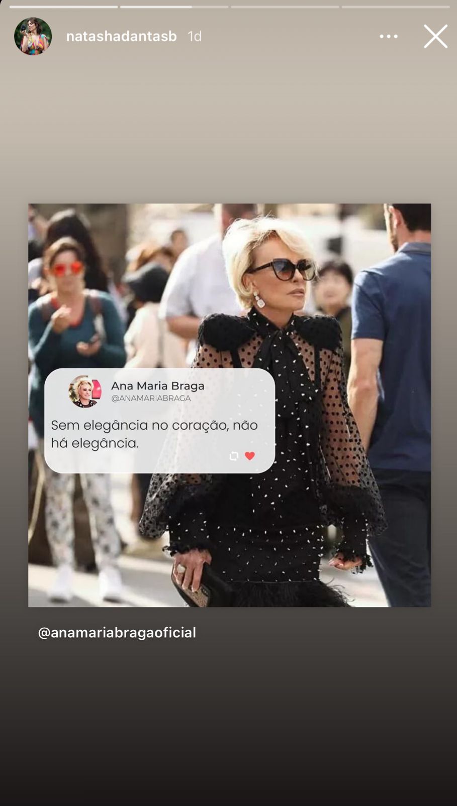 Natasha Dantas, esposa de William Bonner, divulga forte relato feito por Ana Maria Braga - Foto Reprodução Instagram