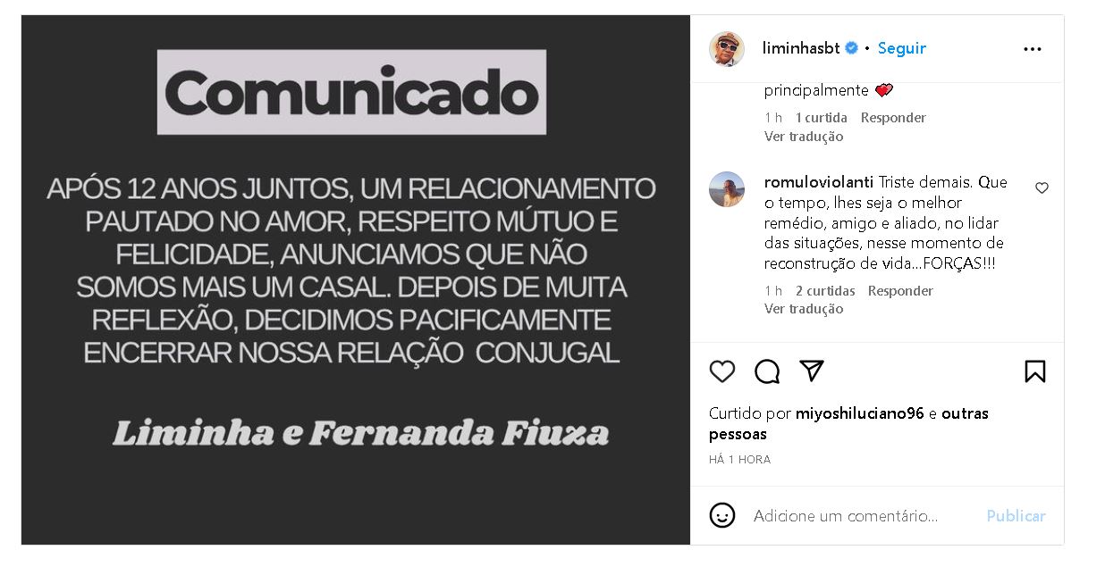 Publicação de Liminha no Instagram - Foto Reprodução Instagram