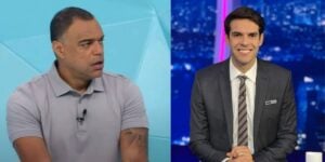 Denílson nos estúdios do Jogo Aberto e Kaká em suas redes sociais (Reprodução: Montagem TV Foco)