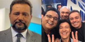 Geraldo Luís ao lado de Gugu, Rodrigo Faro e Marcelo Resende (Reprodução: Montagem TV Foco)