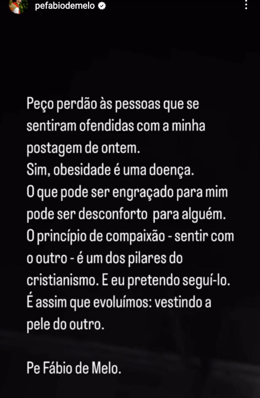 Forte mensagem do religioso para se desculpar da atitude que tomou (Reprodução: Instagram)