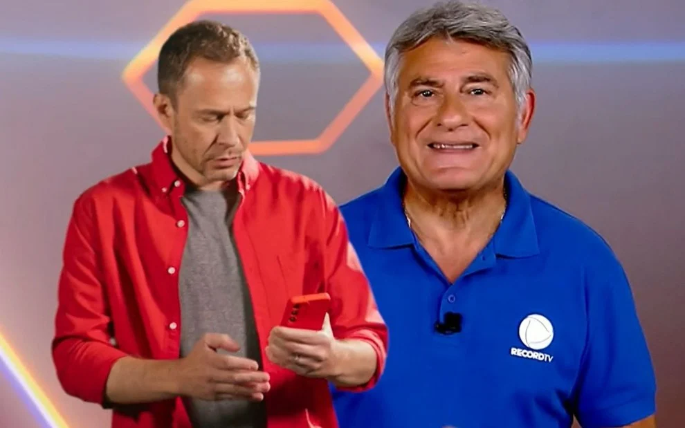 Tiago Leifert e Cléber Machado ao vivo na Record (Foto: Reprodução/ Record)