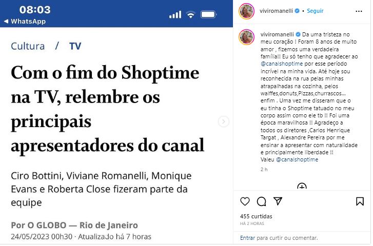 Apresentadora lamenta o fim de canal de TV - Foto Reprodução Instagram