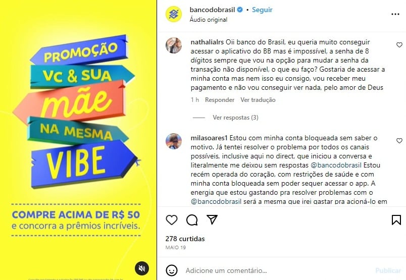 Imagem da publicação do Banco do Brasil que recebeu várias reclamações de clientes - Foto Reprodução Instagram